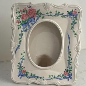 Vintage Floral Oval Picture Frame Ceramic Cottagecore 3x4” 90s Bow & Roses Japan