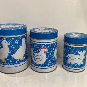 Vintage Blue Nesting Kitchen Farmhouse Canisters Tins | Country Duck Cow Chicken Decor
