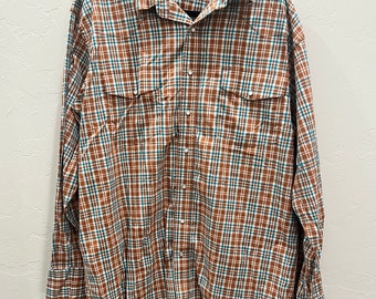 Wrangler Pearl Snap Button Up Shirt Men's Size 2XLT Tails Orange Plaid Cowboy Western