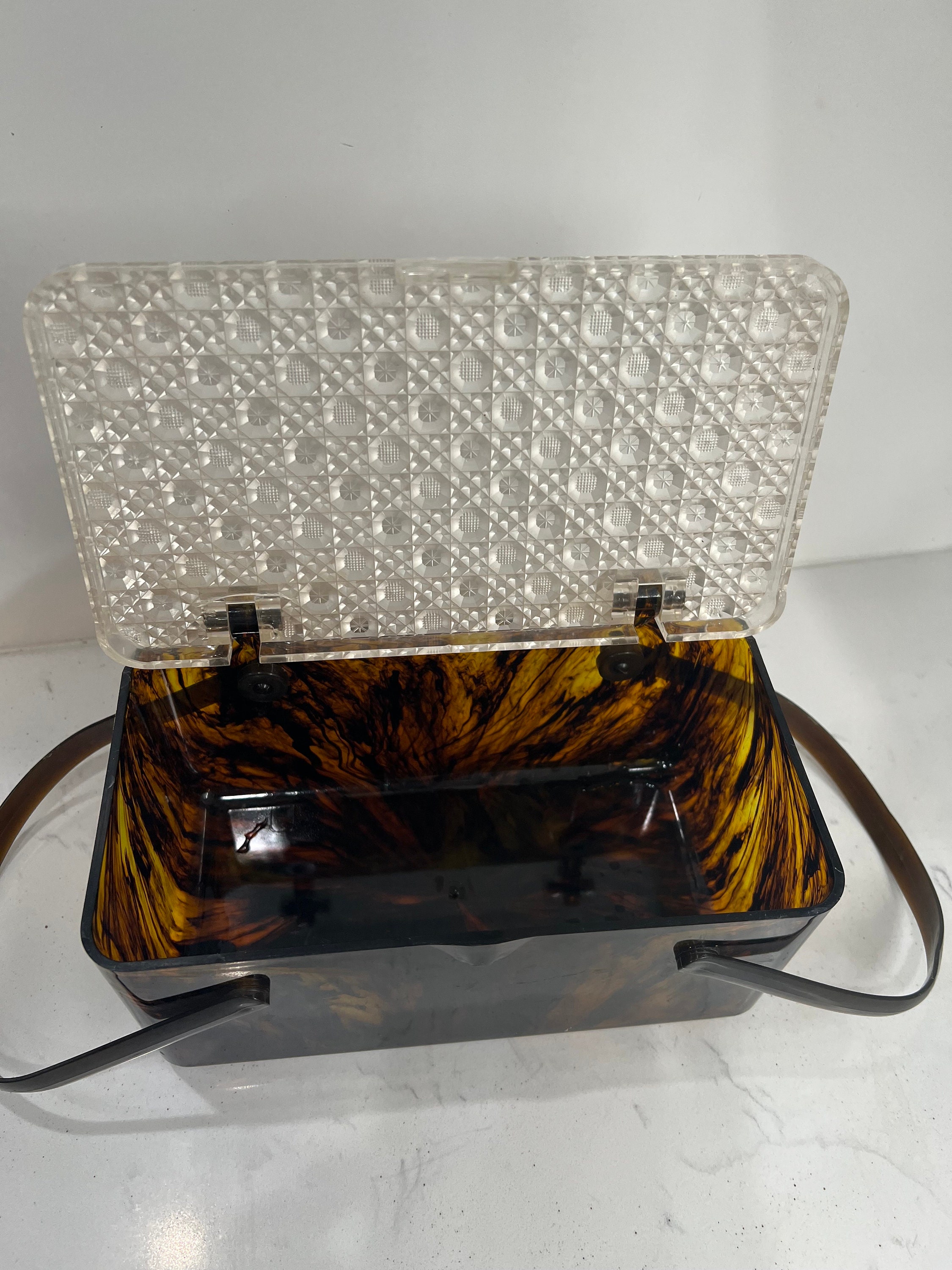 Vintage Lucite Tortoise Amber Box Handbag 1950s Basket