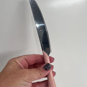 May include: A pink and silver butter knife with a twisted handle.