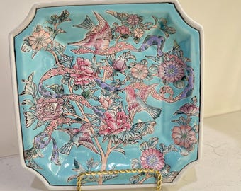 Vintage Aqua Chinese 8" vierkante Aziatische serveerschaal vogels bloemen chenoiserie | Oosters wandbord decor