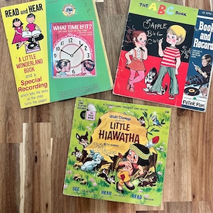 Lote vintage com 3 livros infantis para ler e ouvir, vinil da Disney, Little Hiawatha ABC Book, Wonderland