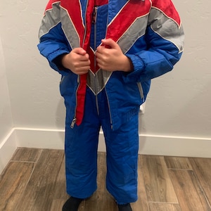 Kids Small Vintage Insulated Ski Bibs and Matching Red Gray and Blue Jacket