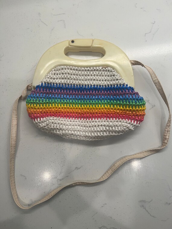 Vintage 1980s Rainbow Striped Crochet Purse Handb… - image 5