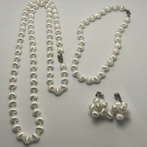 Vintage Sarah Coventry White Satin Beads Clip-on Earrings & Necklace Set