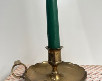 Vintage Brass Chamber Stick Candle Holder Finger Loop Ring & Drip Tray