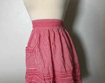 Red Gingham Handmade Vintage Apron with Pockets | Waist Farmhouse Country Checkered Apron