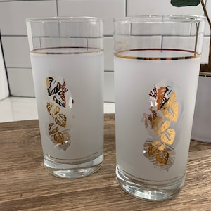 Set of Two Vintage Libbey Golden Foliage Gold Leaf Leaves Print Drinking Glasses