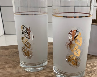 Set of Two Vintage Libbey Golden Foliage Gold Leaf Leaves Print Drinking Glasses