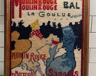 Vintage Framed Crewelwork Bridge Moulin Rouge La Goulue Original Needlepoint | Crewel Home Decor Wall Art  14.5”x16.75”
