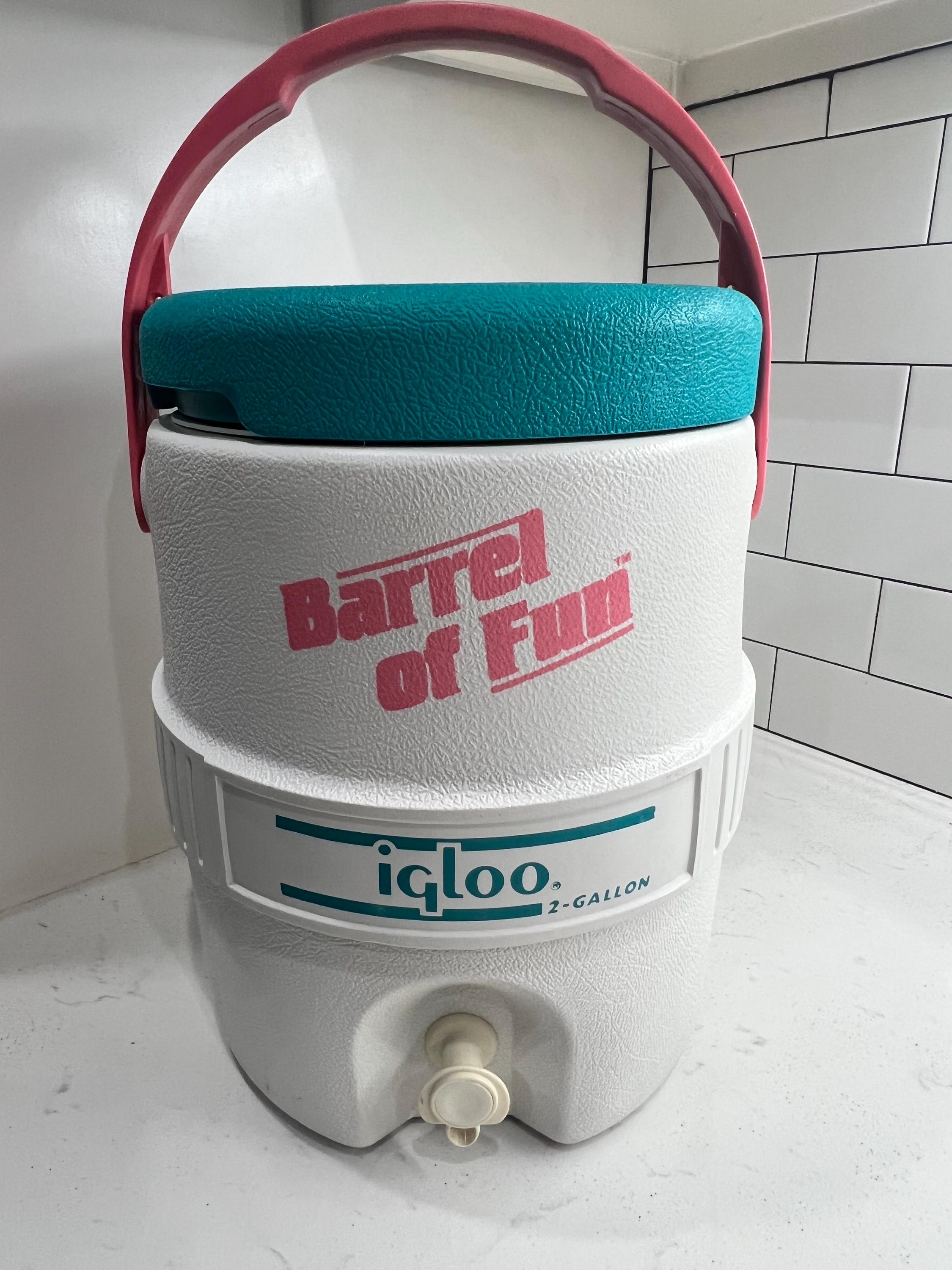 Vintage 90s Igloo 2 Gallon Barrel of Fun Blue Pink Dispenser