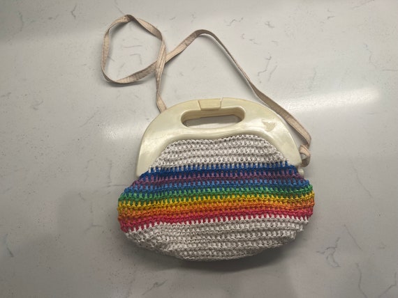 Vintage 1980s Rainbow Striped Crochet Purse Handb… - image 2