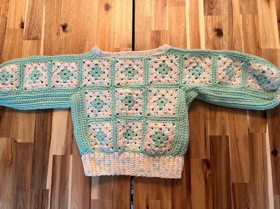 Granny Square Crochet Blue Girl’s Homemade Vintage Sweater
