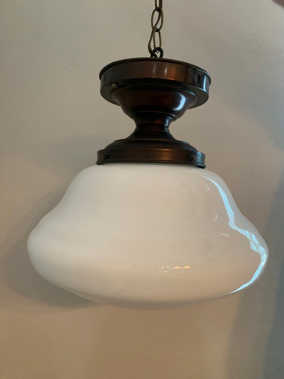 Large 1940s Schoolhouse Pendant White Milk Glass Hanging Light - Etsy