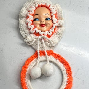 Crochet Wall Hanging Plastic Baby Face 60s Homemade Orange Vintage Dish Towel Hanger
