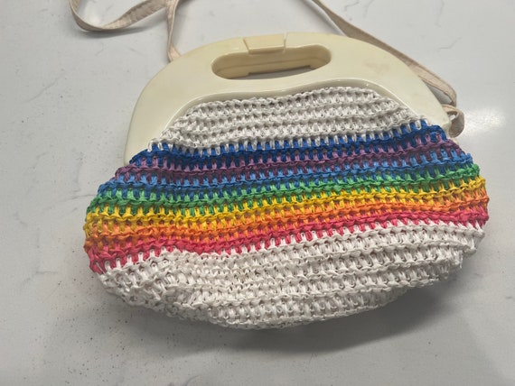 Vintage 1980s Rainbow Striped Crochet Purse Handb… - image 4