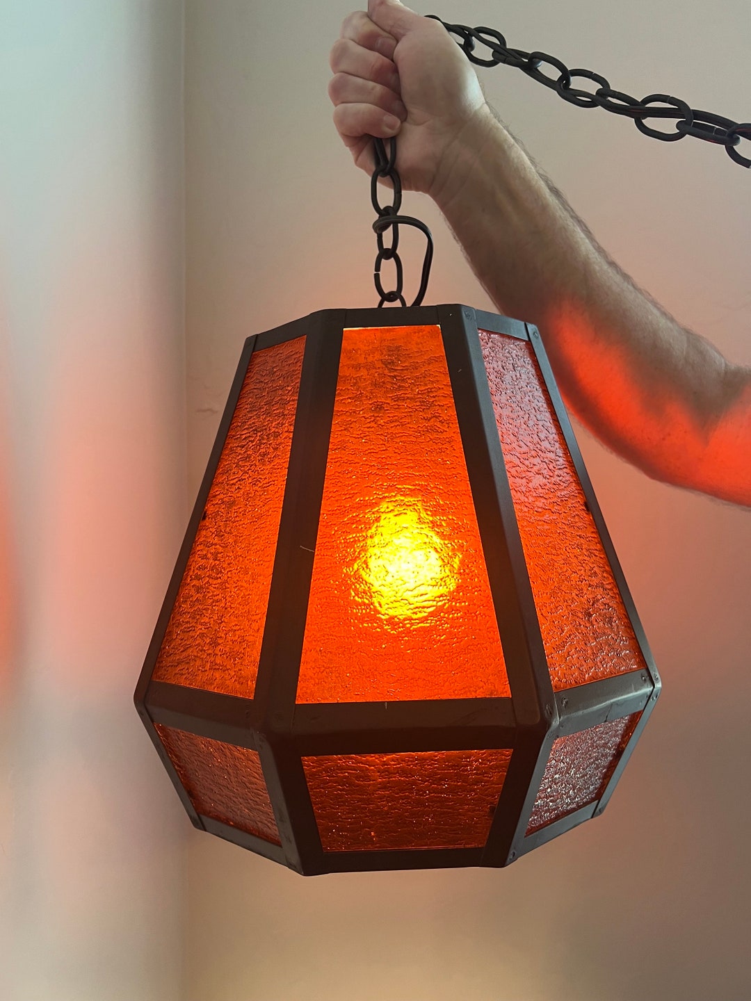 Vintage MCM Orange Stained Glass & Iron Hanging Chain Swag Lamp With