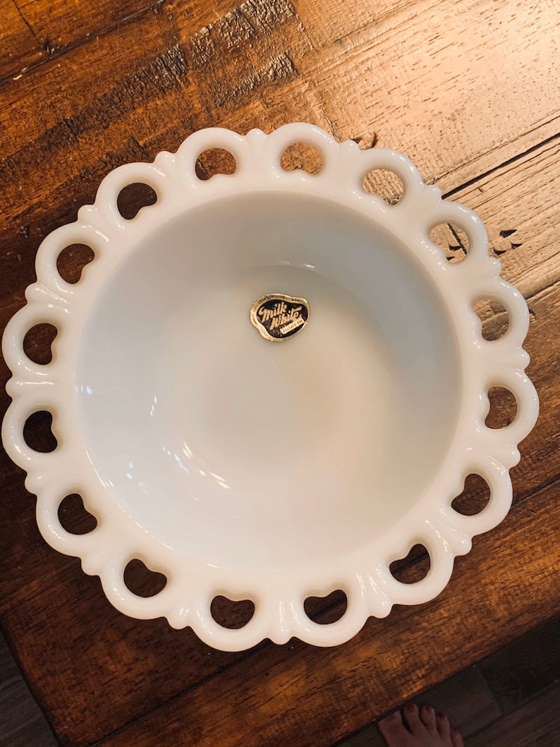 Vintage White Milk Glass Plate Lattice Lace Edge Etsy