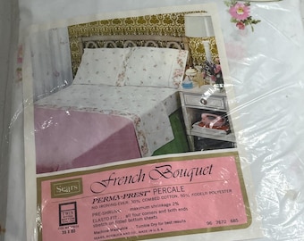 Vintage Sears Twin Fitted Sheet French Bouquet Pink Roses Perma Prest Percale