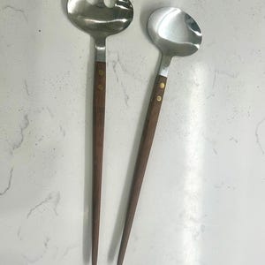Rostfrei Danish MCM Dark Teak Stainless Steel Salad Serving Utensils Denmark Vintage