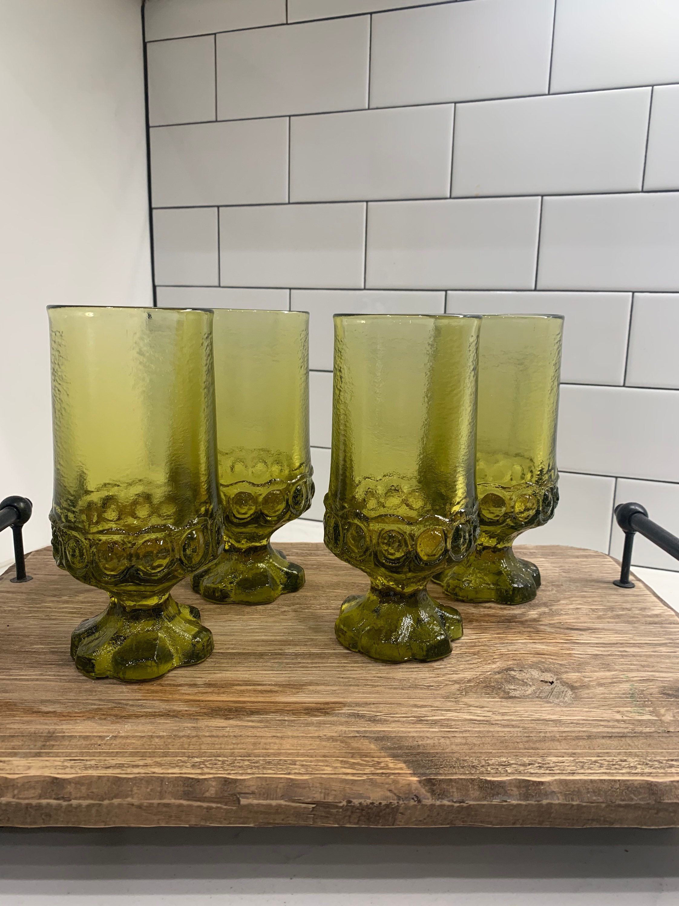 MCM Moss Green Pedestal Glassware Set of 4 5 3/4 Tall 16 Oz. 