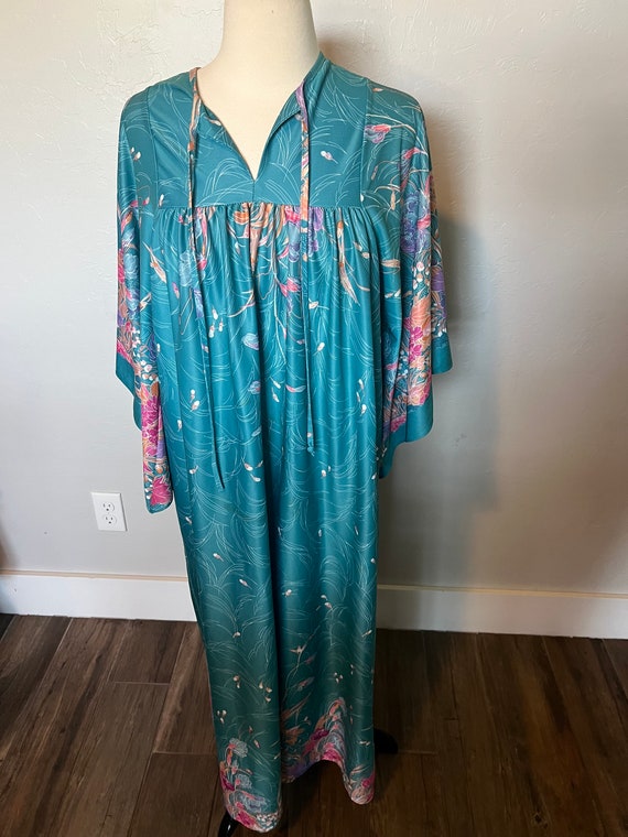 Boho Vintage Muumuu Blue Floral Hippie Long Dress 
