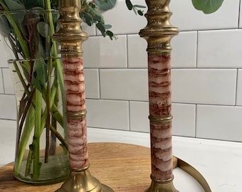 Set of Two Brass 10” Candlestick Holders with Faux Red Pink Marble | Heavy-Duty Brass Home Decor