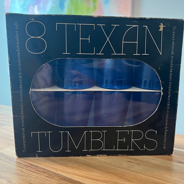 Vintage Texas Tumblers Juice 5oz Plastic Glasses New in Box, Retro Blue Cups