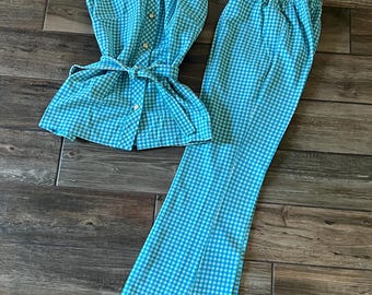 Vintage 70s Blue Gingham Pants Set Handmade Plaid Polyester Retro Outfit