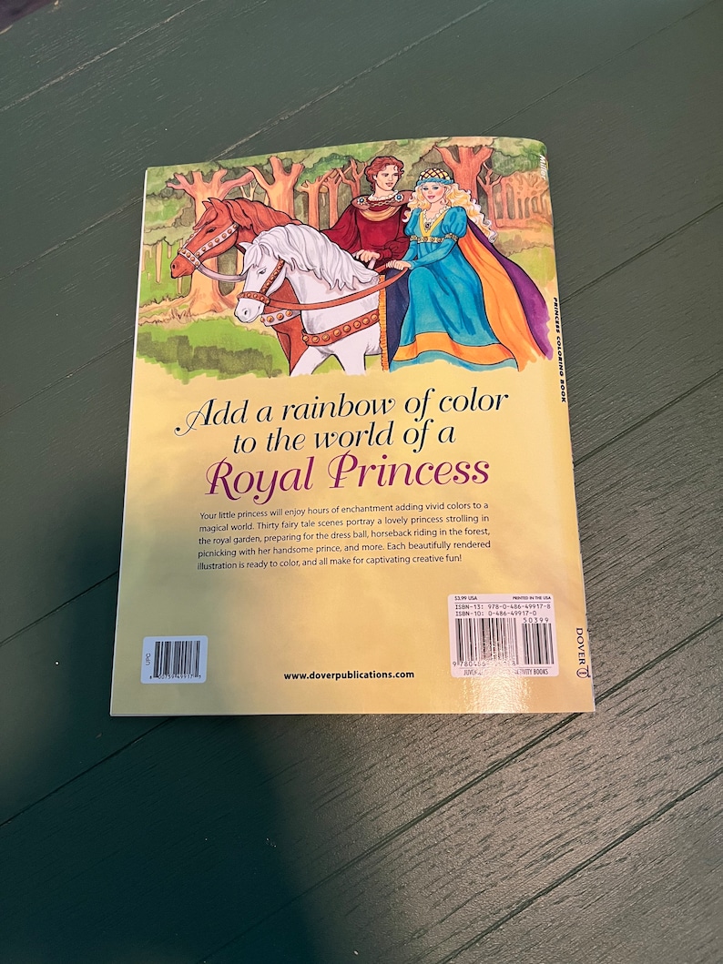 May include: A colouring book cover featuring a princess and prince riding horses through a forest. The cover is yellow with the title "Add a rainbow of colour to the world of a Royal Princess".