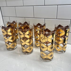 Culver Hi-Ball Collins Cocktail Glasses Set (7) Vintage MCM Geometric 22kt Gold