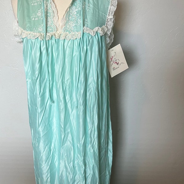 Vintage Barbizon New Blue Satin Remarque  Nightgown with Lace Trim Pajamas