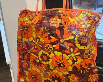 Vintage Clear Plastic Vinyl Flower Power Tote Floral 60s 70s Hippie Mod Groovy Bag