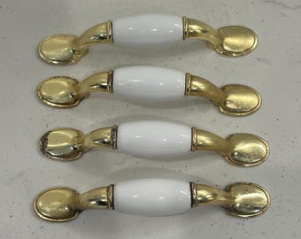 Maniglie per mobili e cassetti vintage in ottone e ceramica bianca, 4 pezzi, interasse 7,6 cm, colore oro