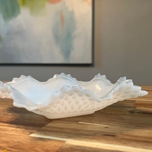 Vintage Fenton Irridescent Milk Glass Hobnail Ruffled Candy Dish Bowl