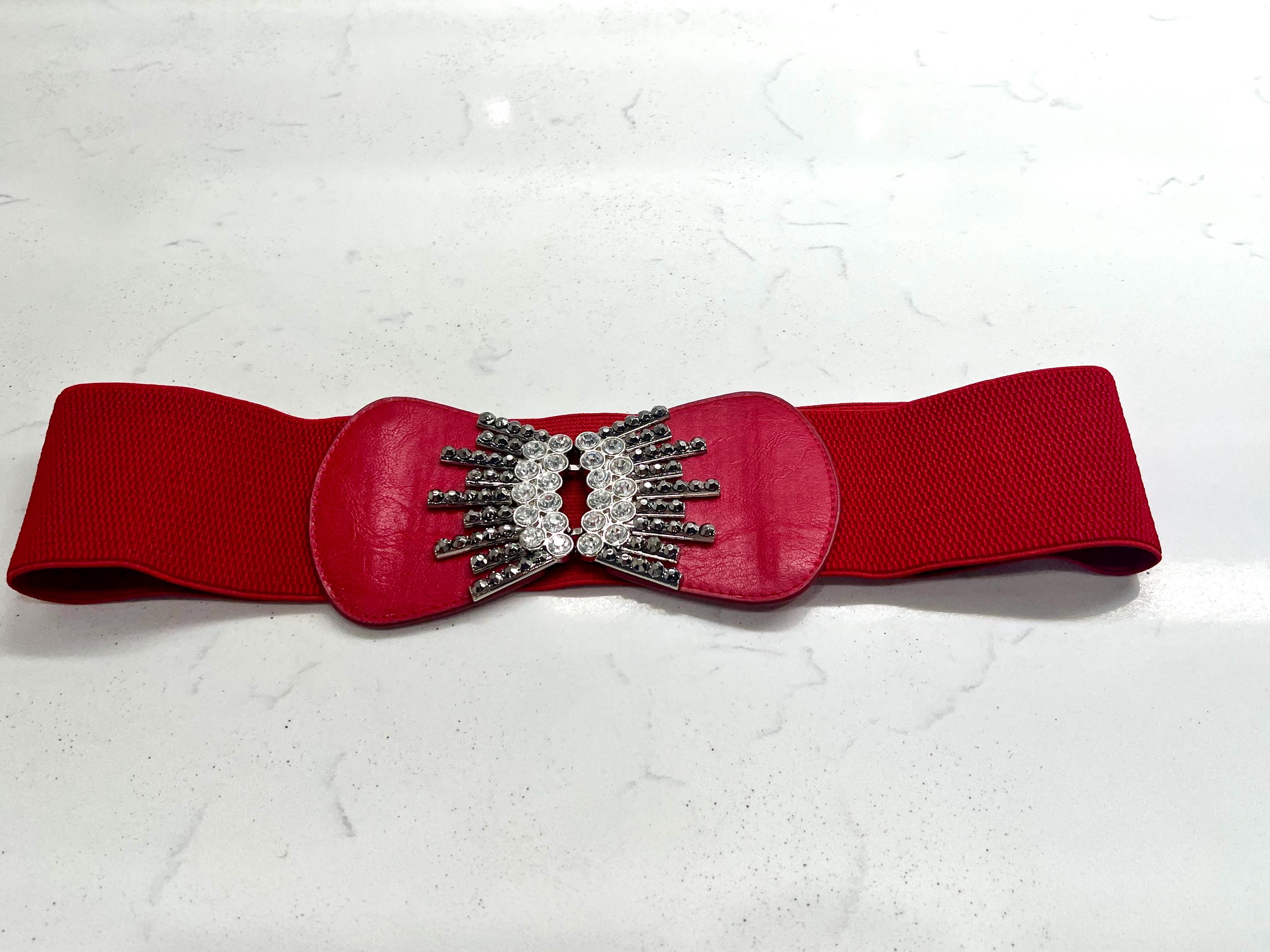 Vintage 80s Wide Elastic Red Belt Rhinestones Jeweled Buckle  display picture 1