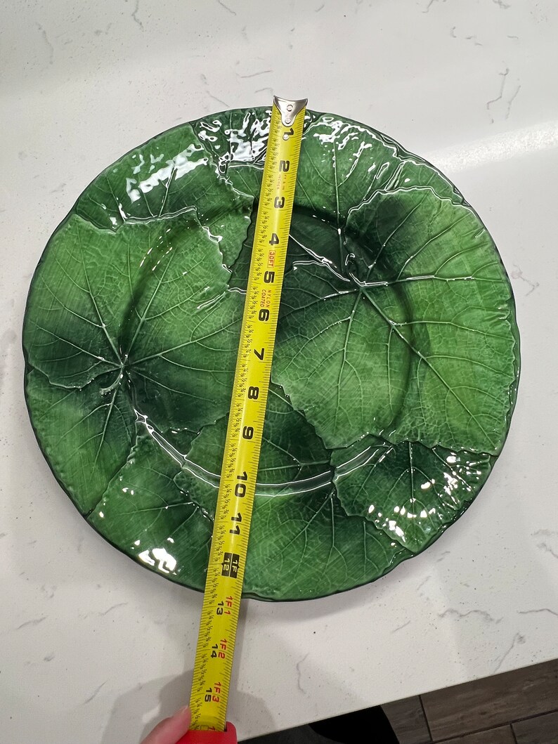 Pu&ograve; includere: Un grande piatto in ceramica verde con un design a foglie. Il piatto ha un diametro di 38 cm.