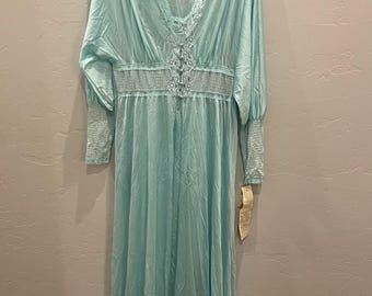 Vintage Womens Vanity Fair Large Peignoir Full Length Nightgown & Robe Set Aqua Petal NWT