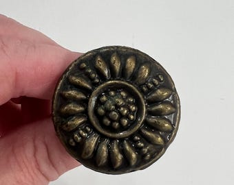 May include: A round, brass-colored cabinet knob with a detailed floral design. The center of the knob features a raised, circular pattern.