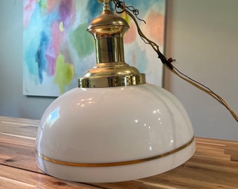 Large Vintage White and Gold Pub Style Hanging Round Light Fixture Hanging Lamp