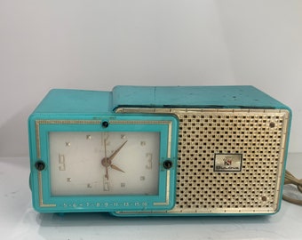 Teal Blue Retro Jetsons 1957 Bulova Modelo 120 Tube AM Radio reloj