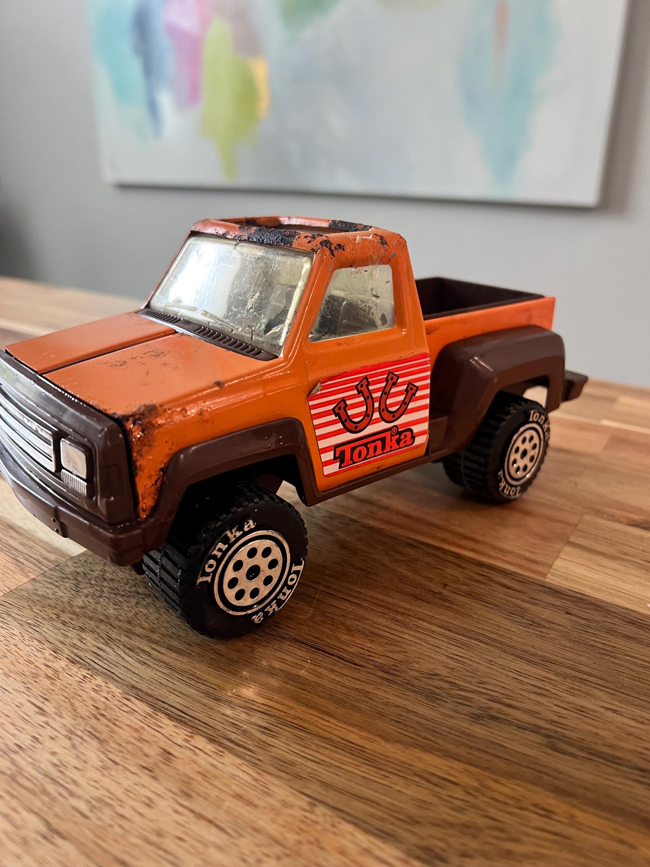 Vintage Tonka Truck 1979 Orange Metal Pickup With Horseshoes