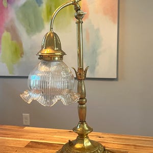 Vintage Art Nouveau Brass Table Lamp with Adjustable Light Shade