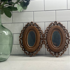 Pair of Vintage Syroco Faux Brown Wicker Wall Decor Mirrors | BOHO Home Decor | Oval Mirrors