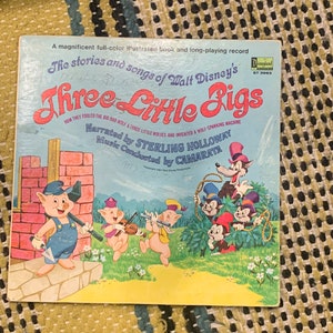 Disco de vinil de livro de histórias vintage da Disney 1967, álbum LP dos Três Porquinhos