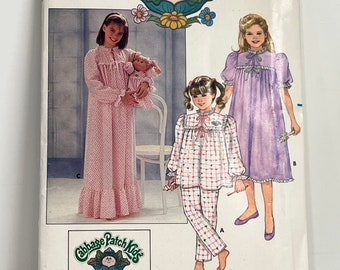 1985 Cabbage Patch Kids Original Sewing Pattern Children’s Nightgown, Pajama Set PJ’s & Transfers Size 7, 8, 10 Plus Matching Doll Pattern