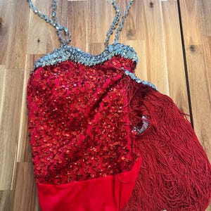 May include: A red sequined bodysuit with silver straps and a long red fringe attached.