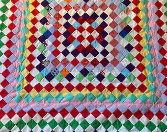 Vintage Handmade Around the World Patchwork Quilt Bold Bright 1950s 68x87”