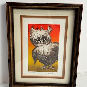 Op de afbeelding: Ingelijst kunstwerk met een illustratie van een uil. De uil heeft grote ogen en gedetailleerde veren, tegen een oranje en gele gradiënt. Het kunstwerk is gesigneerd en gelabeld met "artist proof". De lijst is bruin.